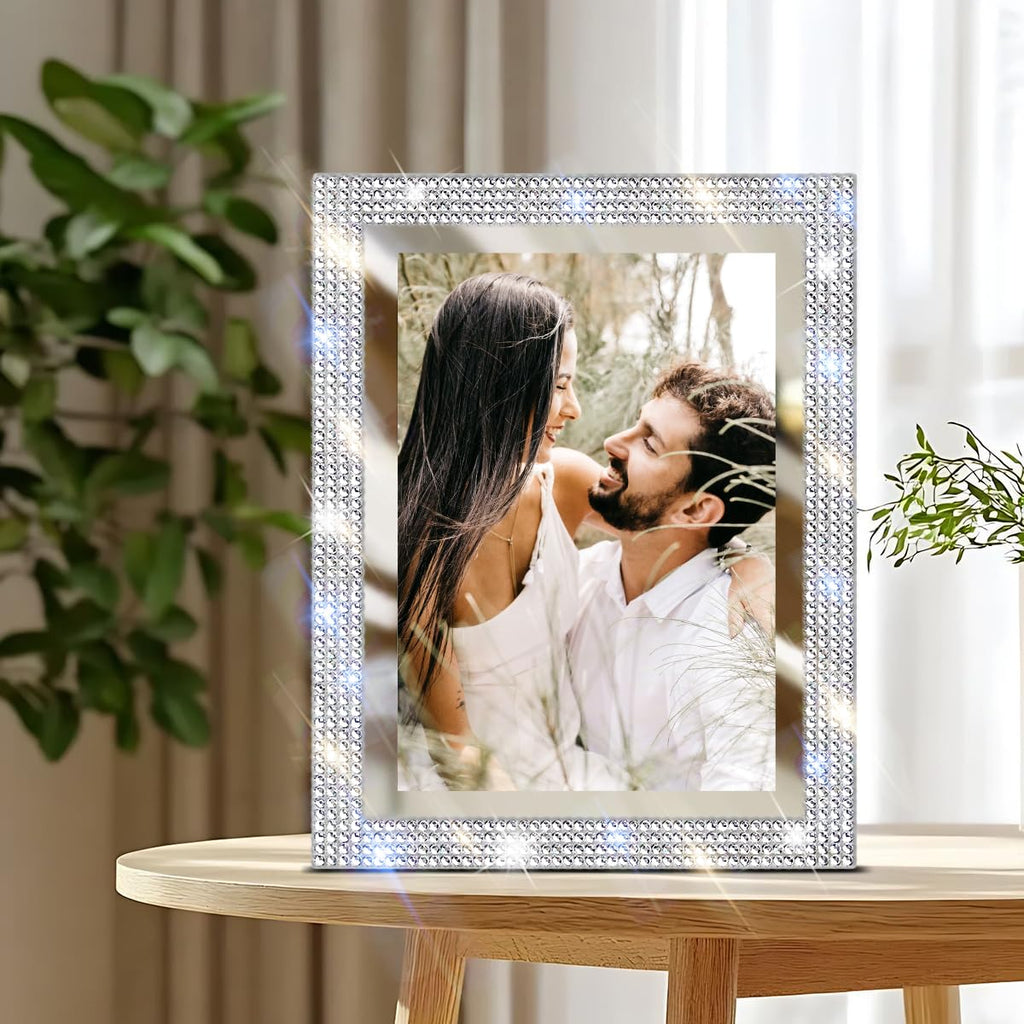 5x7 Bling Glass Picture Frame for Tabletop Display, Display Glitter Rhinestones Photo Frame Horizontally or