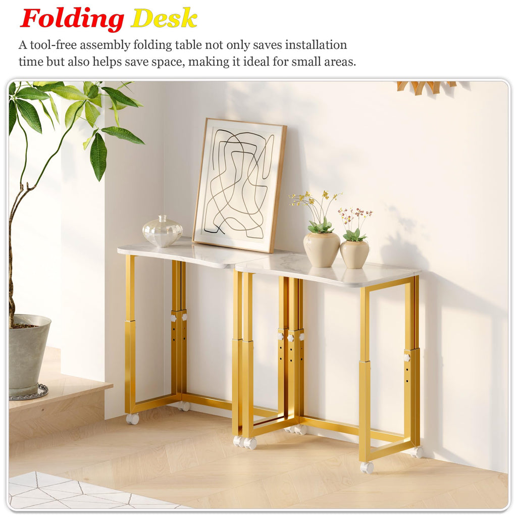 No Tools Assembly Folding Desk, 27.5" Mobile Computer Desks with Wheels, Foldable Writing Fold Table, Portable