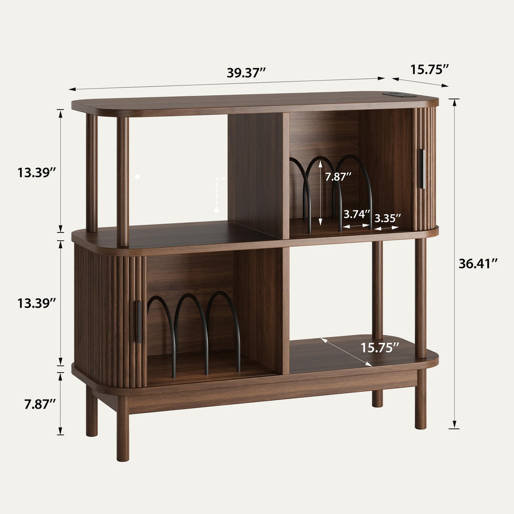 40" Large Record Player Stand with Charging Station, Mid Century Modern Turntable Cabinet with Sliding Doors, Wood