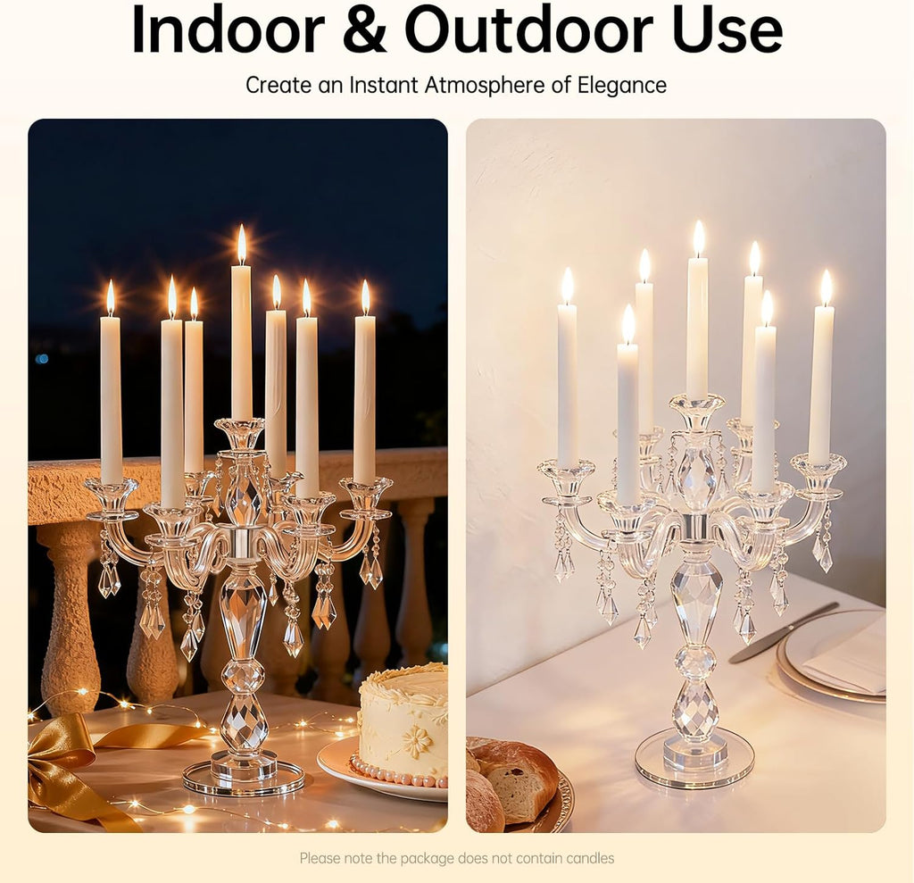 Crystal Candle Holders, 7-Arm 14 Inch Crystal Taper Candlestick Candelabra, Candle Holder Centerpiece