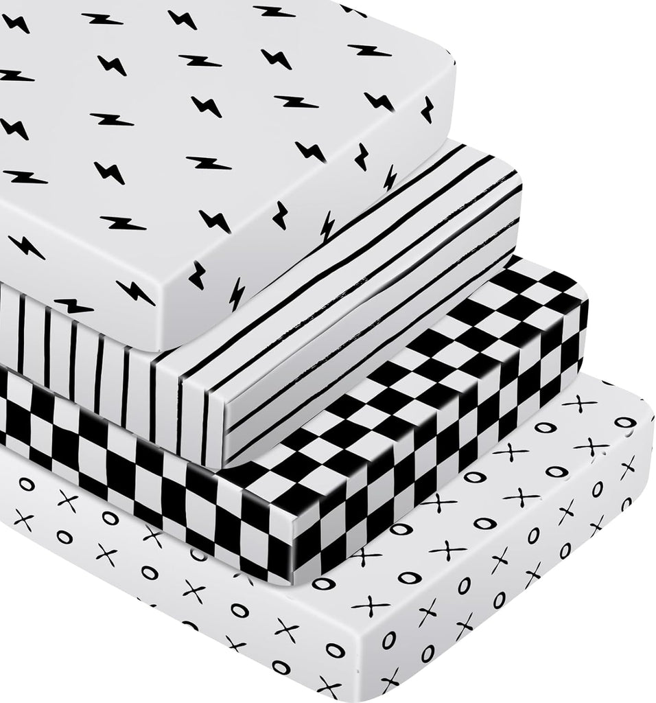 4 Pcs Black and White Crib Sheets for Baby Microfiber Baby Bassinet Soft Sheets Crib 52" x 28" for Standard Cribs