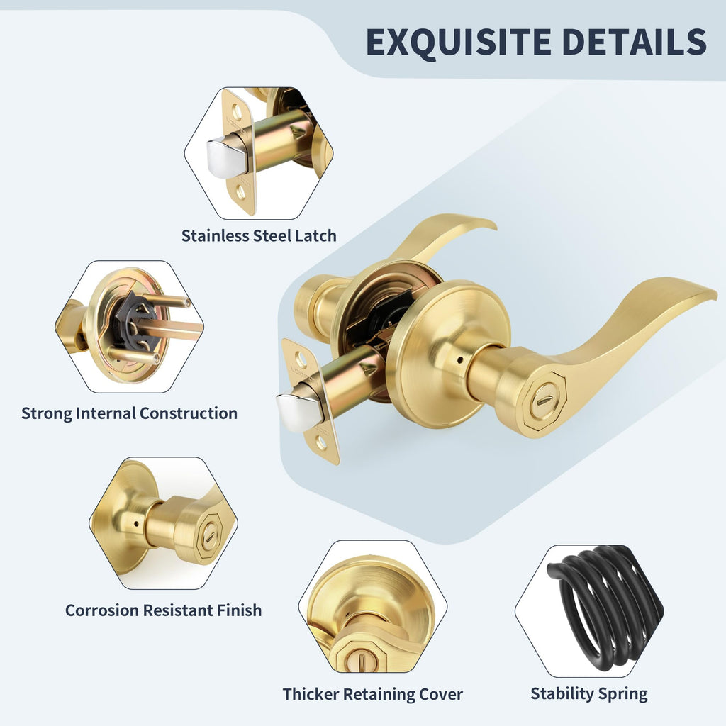 Privacy Wave Style Gold Door Handles (No Key) Interior and Interior Closet, Brushed Gold Door Lock with Reversible