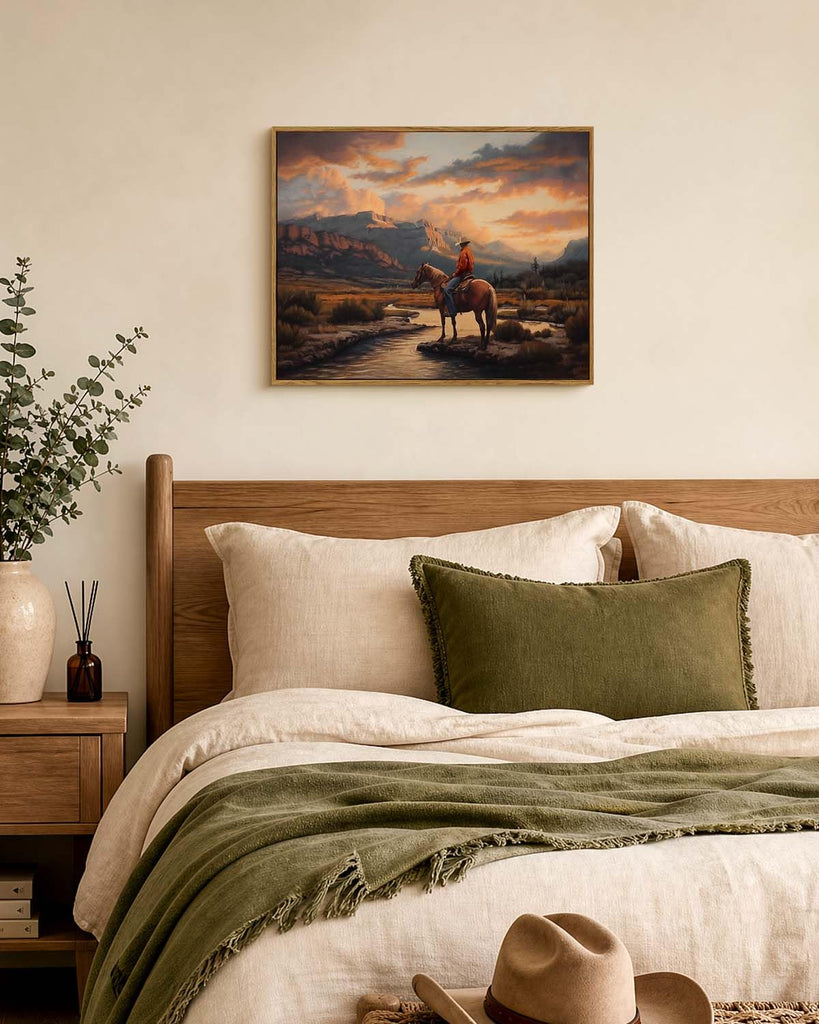 Western Cowboy Framed Canvas Wall Art 16x20 Inch, Horse Rider at Sunset Print Rustic Mountain Landscape Painting