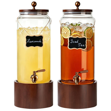 2 PCS 1.5 Gallon Glass Drink Dispenser for Parties, Beverage Dispenser with Wooden Stand, Silicone Lid and Stainless