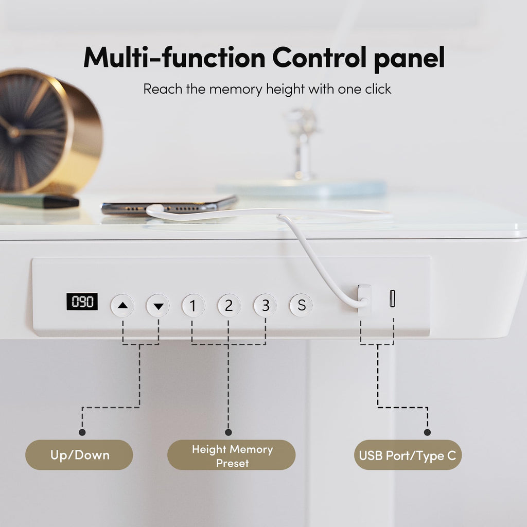 48 Inch One-Piece Standing Desk with Glass Top and Drawer, White