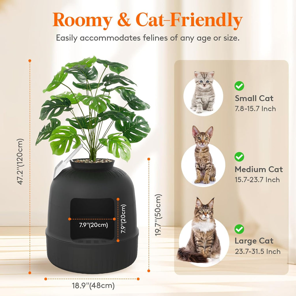 Hidden Plant Cat Litter Box with Plastic Scoop, Black