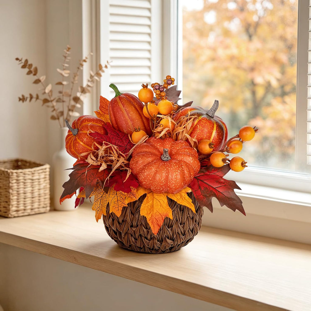 10" Artificial Pumpkin Fall Centerpiece with Woven Basket Centerpiece