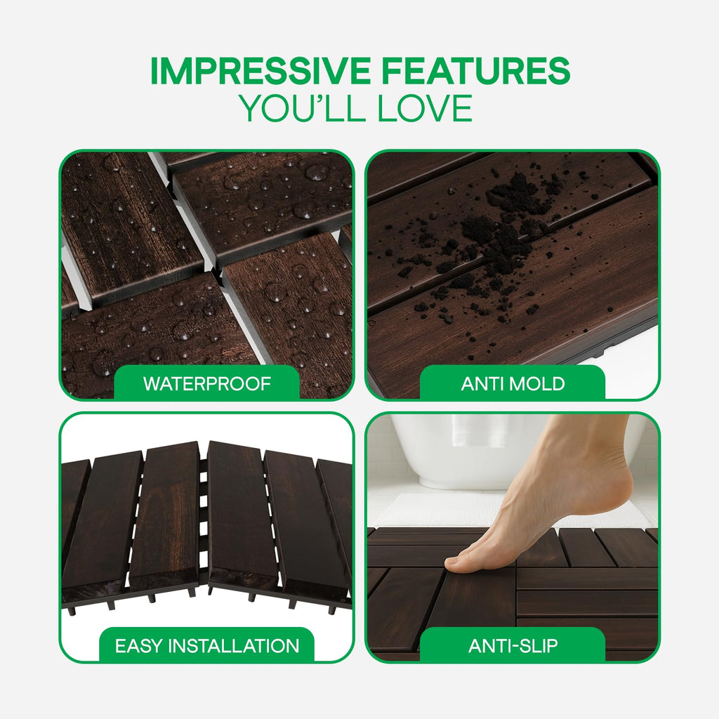 Interlocking Deck Tiles 9.6 SQFT - 10PCS Waterproof Acacia Wood Patio Tiles, Flooring Tiles for Indoor and Outdoor