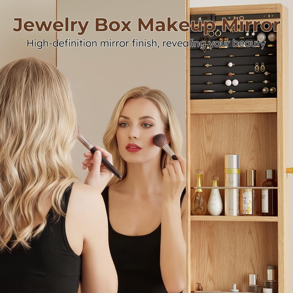 69" H×20" W Solid wood Mirror Jewelry Cabinet, 360°Swivel Jewelry Organizer, Jewelry Armoire Cabinet Standing, Full