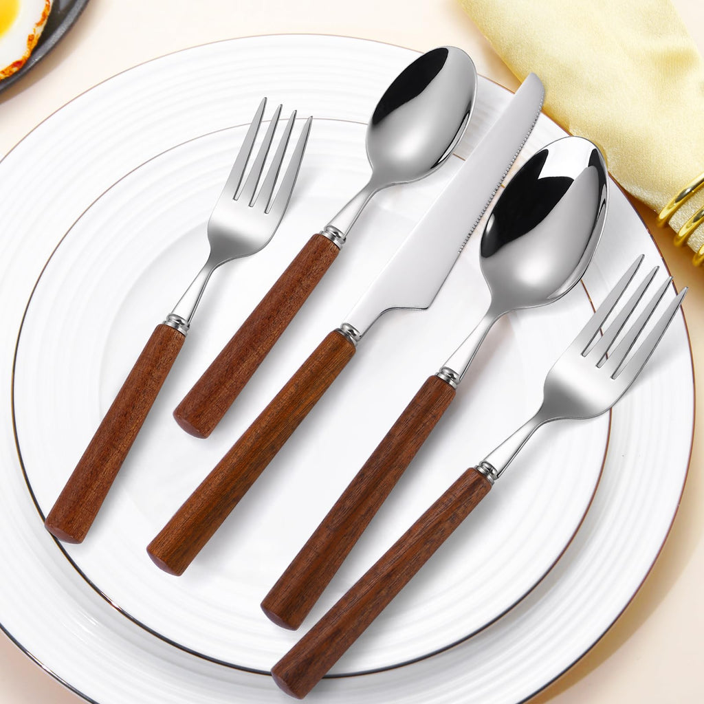 Silverware Set, 20 Piece Mirror Flatware Set 18/8 Stainless Steel Eating Utensils With Wooden Handle, A Complete