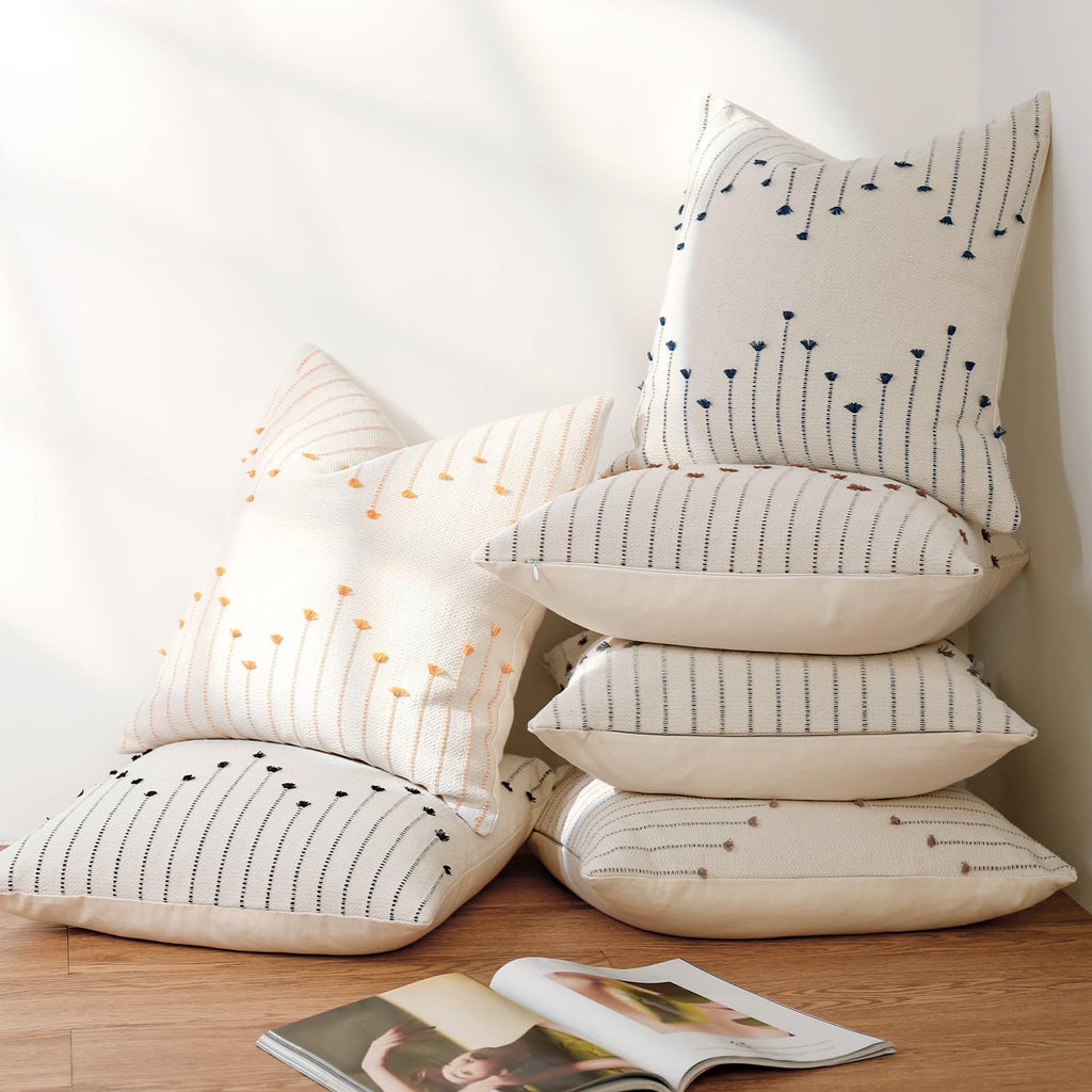 Boho Outdoor Throw Pillow Covers 22x22 Set of 2 Neutral Woven Decorative Pillowcases Cotton Tufted Couch Pillows