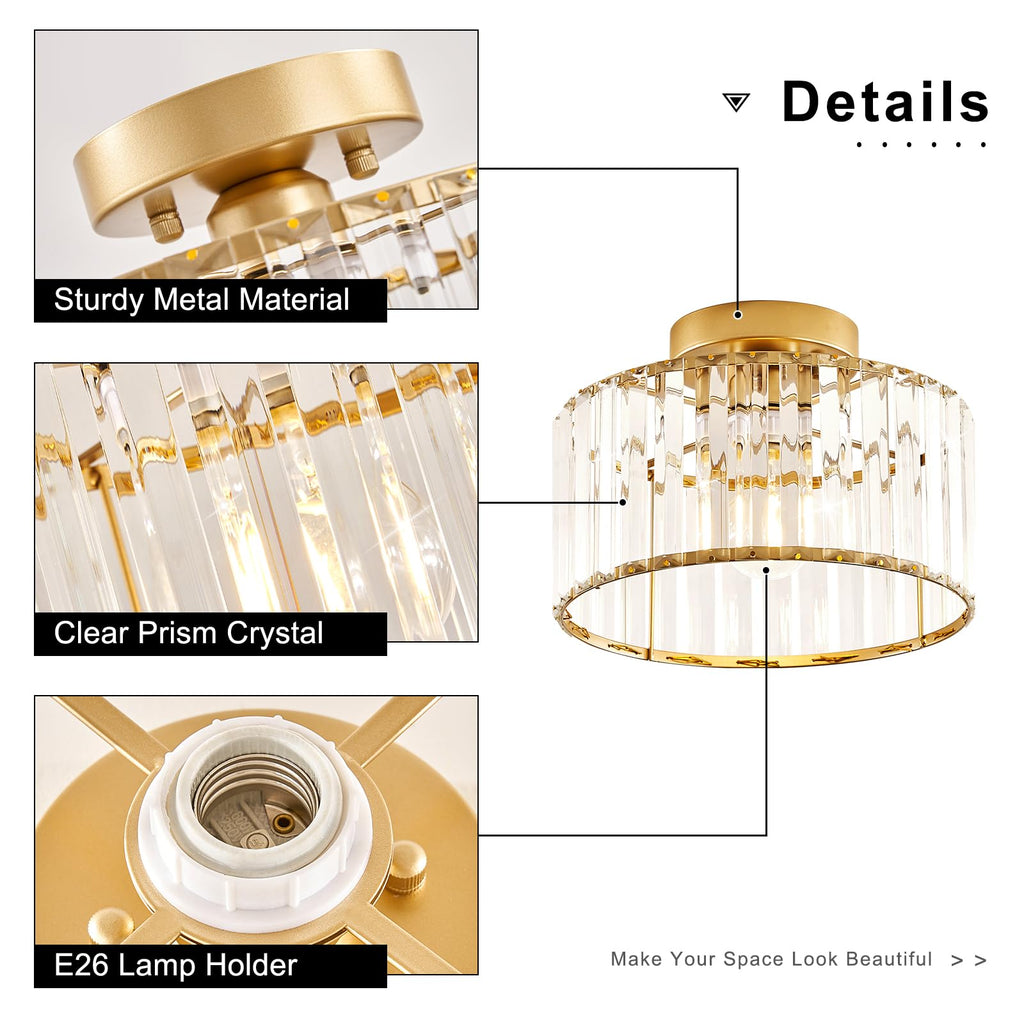Crystal Gold Semi Flush Ceiling Light 10.63 Inch
