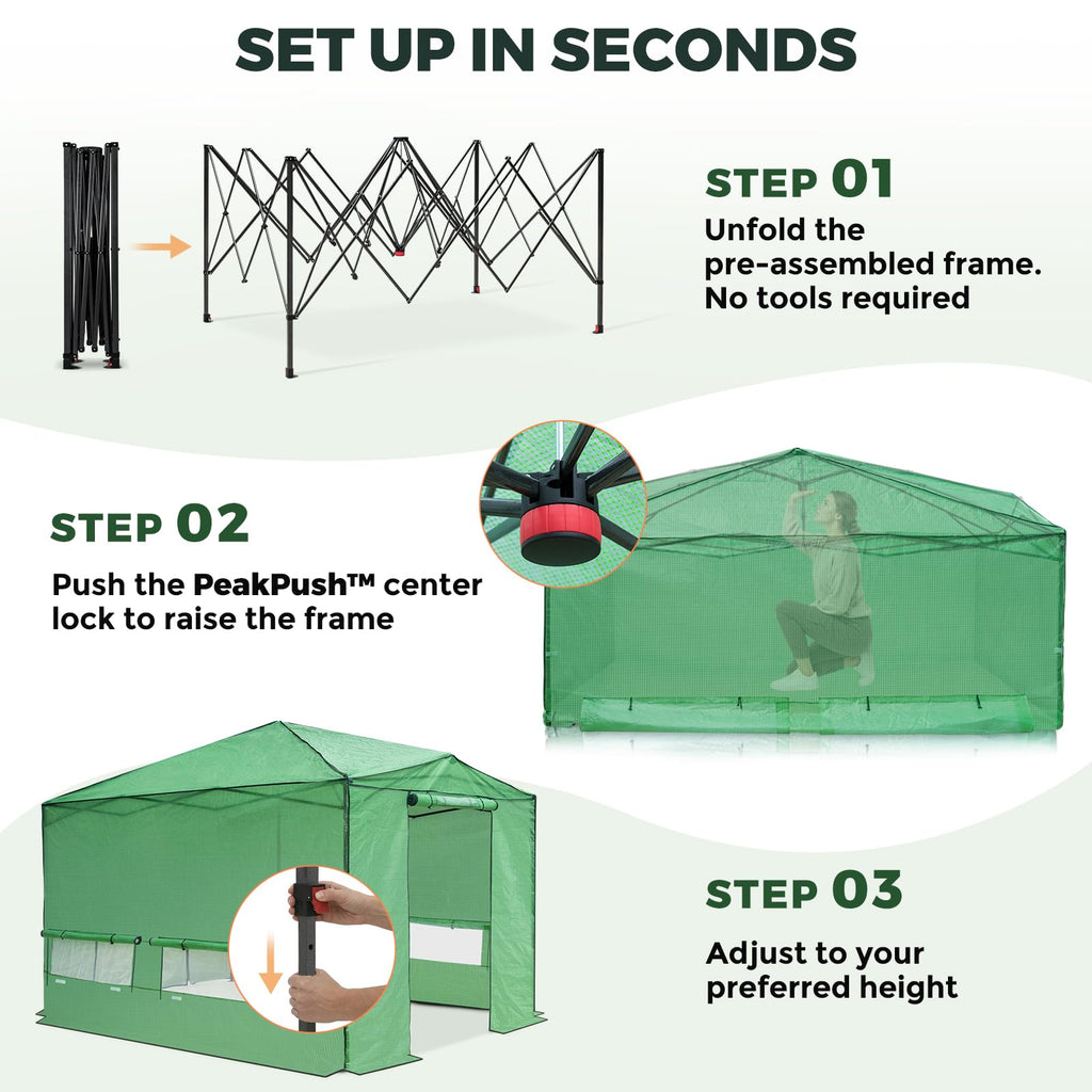 12x8 Easy Setup Pop Up Greenhouse, Support Pole, Clear/Green