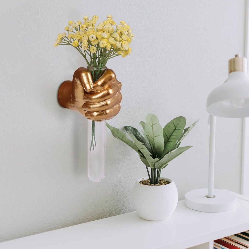 Gold Wall Sculptures, Hand Vases Home Decor, Wall Mount Art Sculpture, Unique Wall Art Statue, Funky Flower Vase