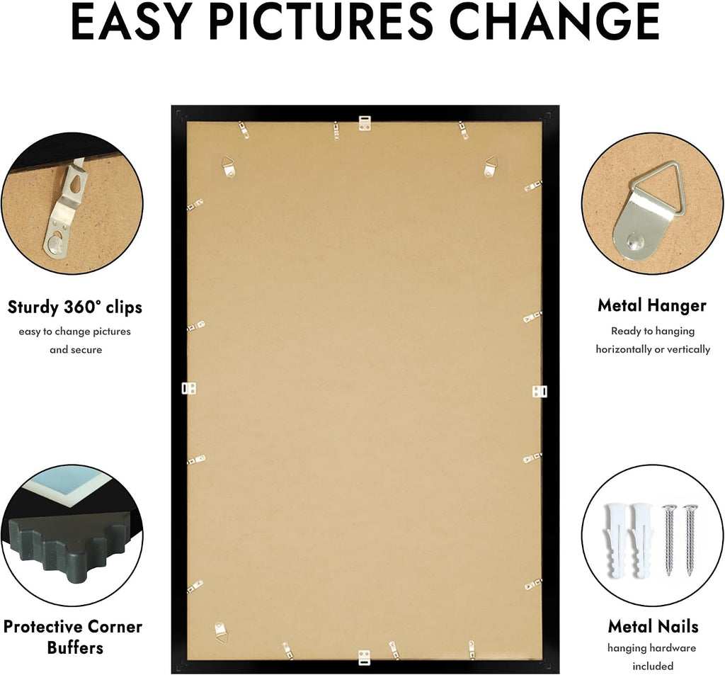 24x36 Picture Frame, Black Wood Style, Wall Mounting | Display Posters 20 x 30 with Mat or 24 x 36 without Mat, 1