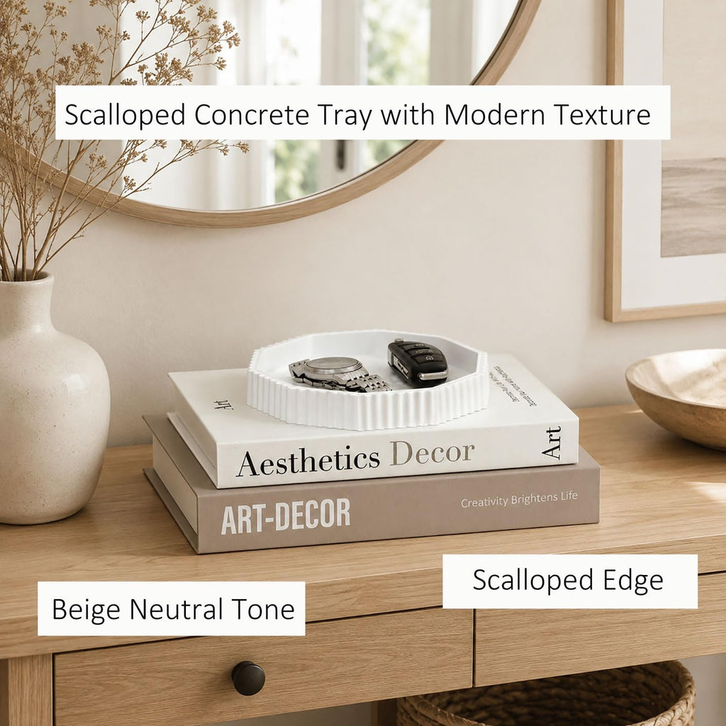 Decorative Concrete Tray & Linen Faux Book Box Set, Scalloped Coffee Table Tray with Hidden Storage, Beige Modern