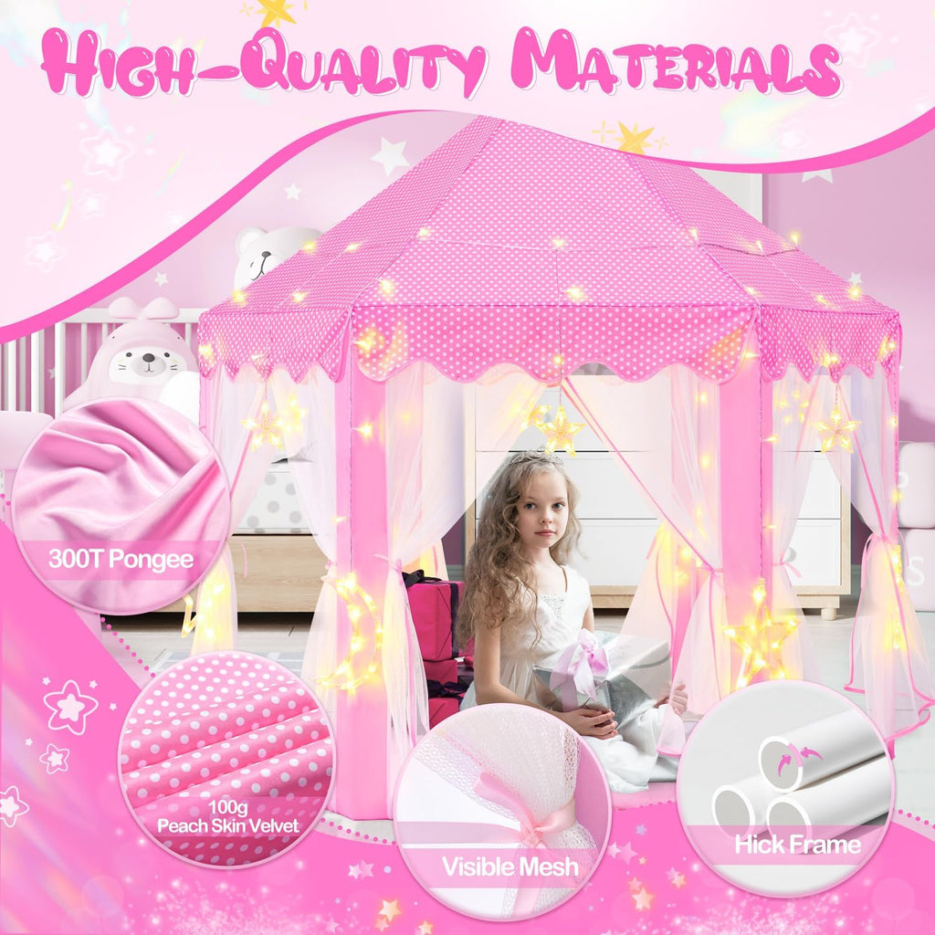 Princess Tent with Large Star Lights for Girls Age 4-7, Kids Play Tent for Girls Indoor, Castle Playhouse