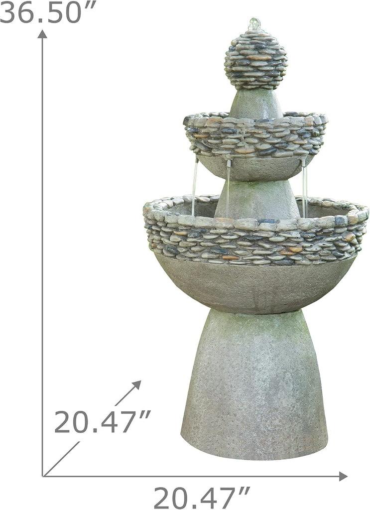 36.5 in. Outdoor 3-Tier Zen-Style Pedestal Water Fountain in. with Stone Trim with Pump and 2.64 Gallon Capacity