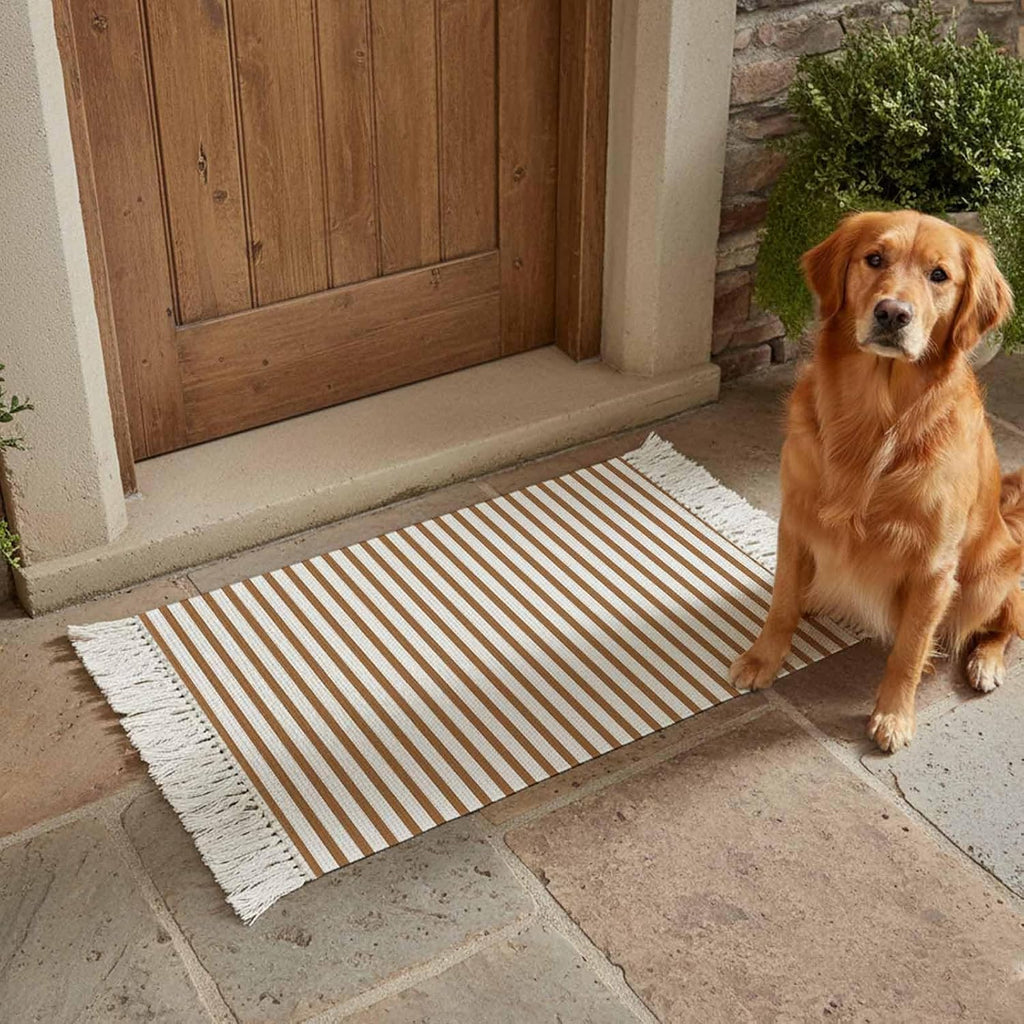 Minimalist Chestnut Brown Striped Runner Rug with Tassel Modern Art Vertical Line Print Entryway Rugs Washable