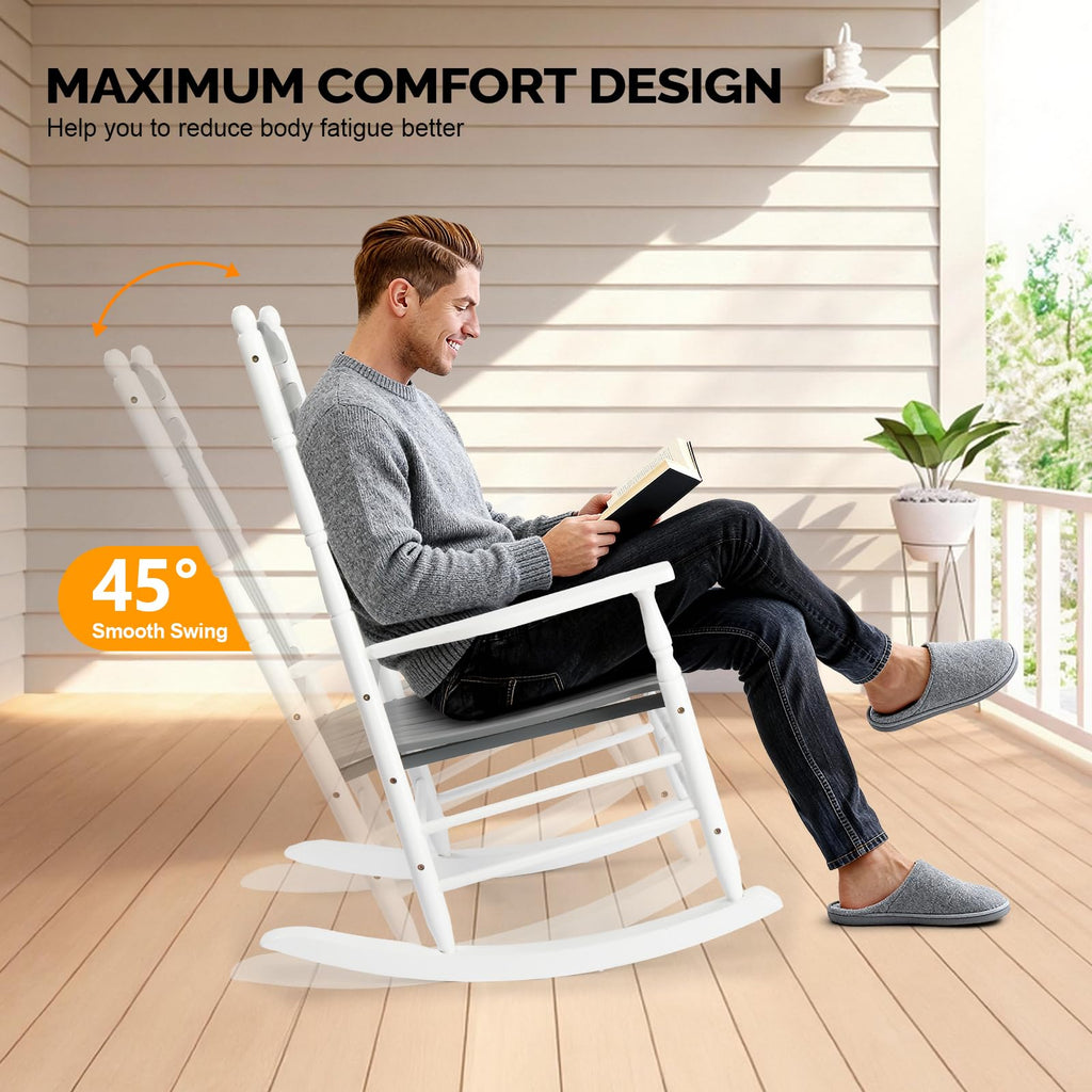 Wooden Rocking Chair Set of 2, Outdoor Rocking Chair, Grey&White