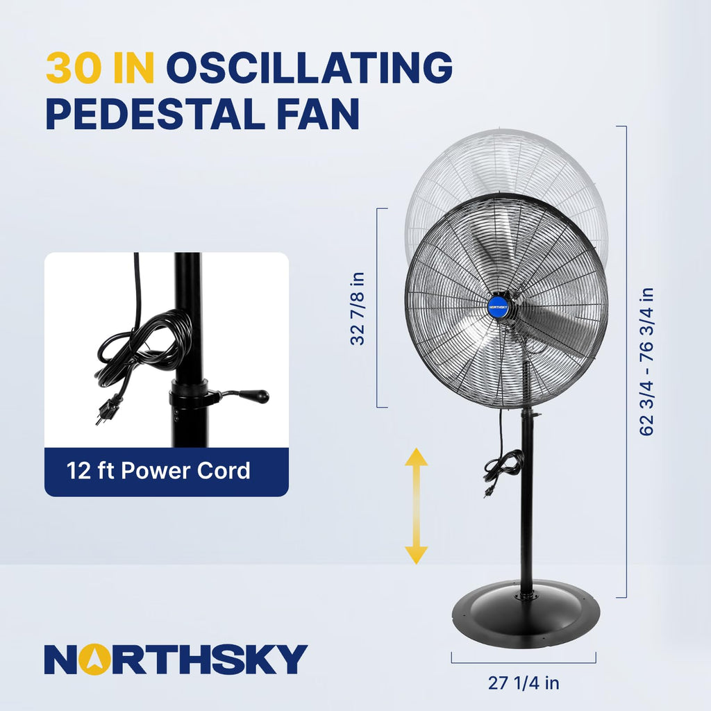 24 Inch High Velocity Oscillating Pedestal Fan,9500 CFM Airflow Heavy Duty Industrial Standing Fan, 2 Speeds, 1/2 HP