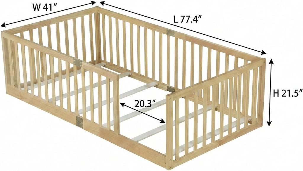 Floor Bed for Kids, Floor Bed with High Fence and Slats, Wooden Montessori Beds for Kids, Natural
