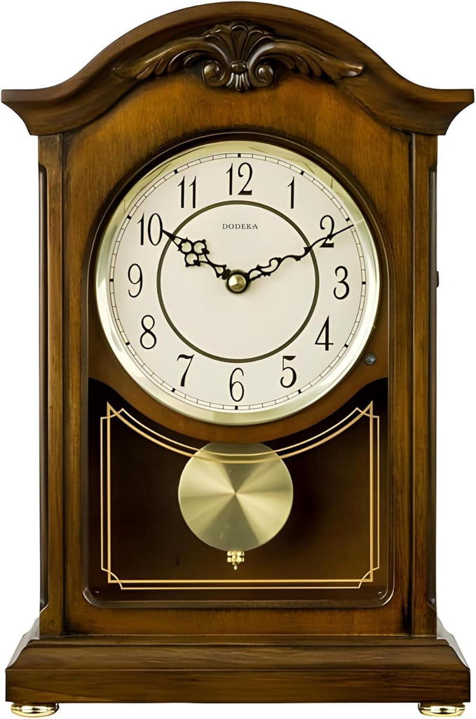 Wooden Mantel Clock TCW004DB Pendulum Carved Case Hourly Chime Classic Melody Antique Style for Fireplace