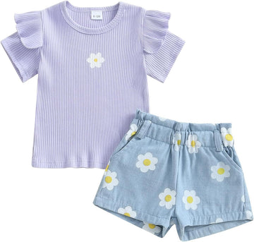 Toddler Baby Girl 2Pcs Knit Ribbed Ruffle Short Sleeve Floral Print Tops + Shorts Set Outfits
