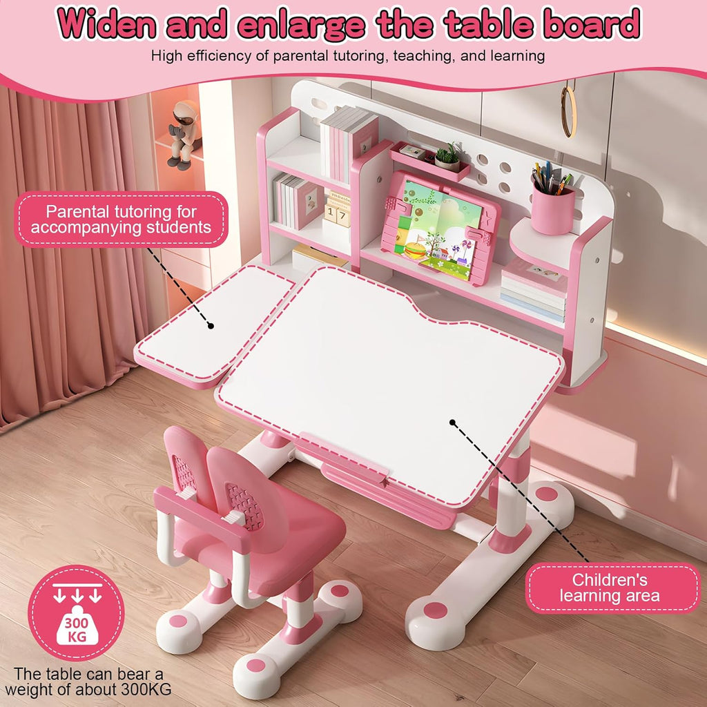 Upgraded Kids Study Desk and Chair Set, 50 Degree Tiltable&Height Adjustable Kids Desk with Storage Drawers