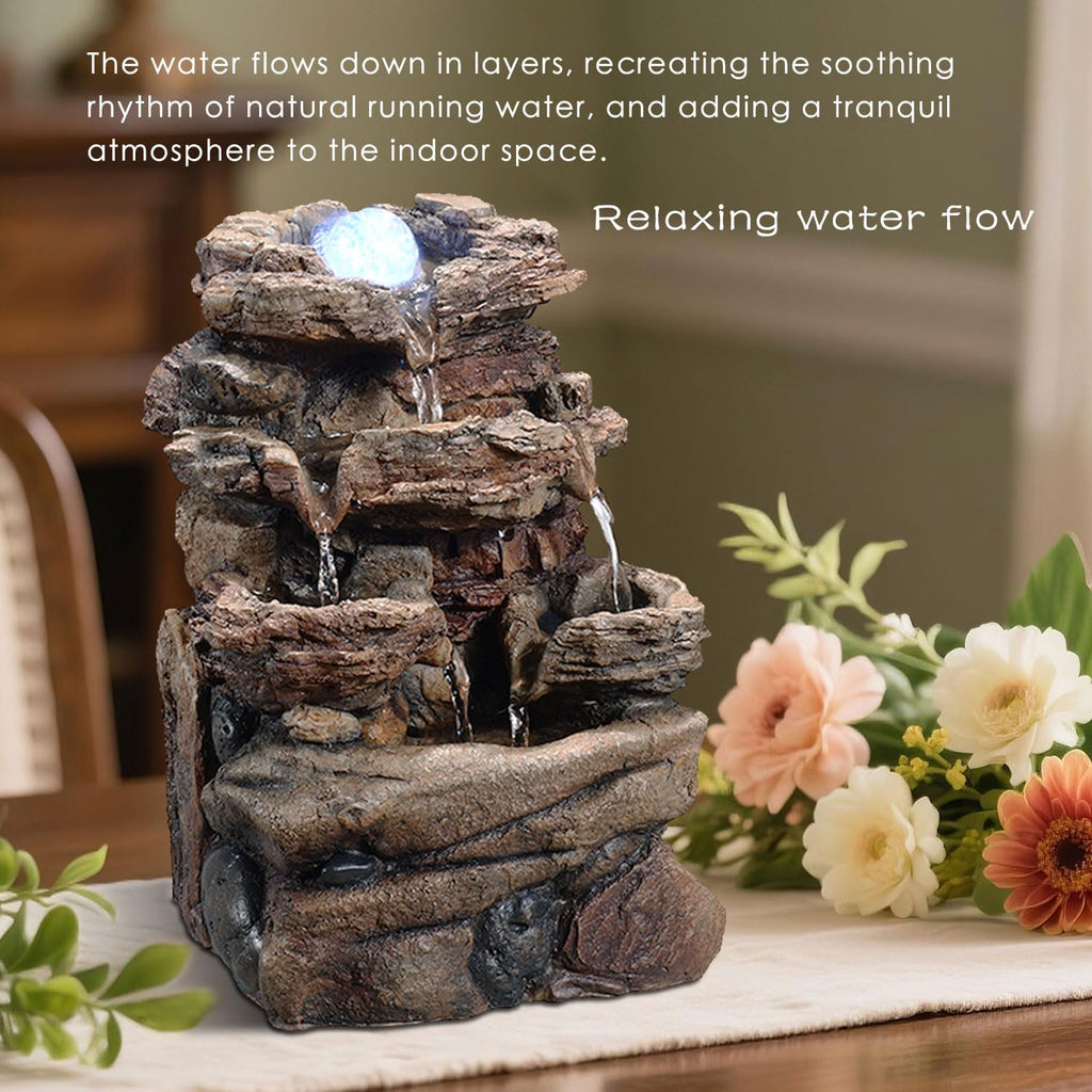 Tabletop Waterfall Fountain with Glass Ball and Color Changing LED - Indoor Decorative Waterfall, Resin Natural