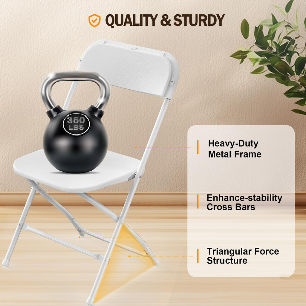 Folding Chairs Set of 20, White Plastic Chair Sturdy Seat with Metal Frame, Perfect for Party, Event, Wedding