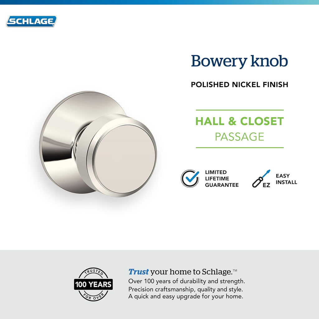 Bowery Hall/Closet Passage Door Knob, Polished Nickel