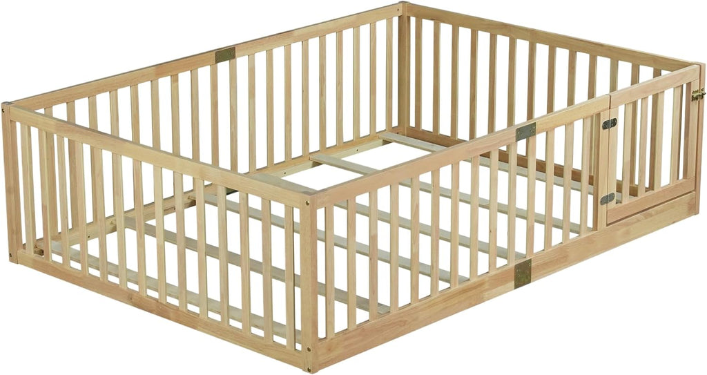 Kids Montessori Floor Bed Frame with Door and Slats, Solid Wood Floor Bed Frame with Slats and High Fence