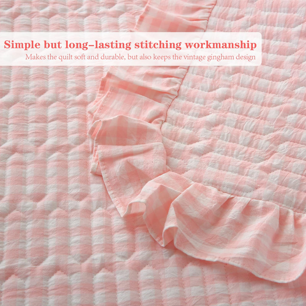 Blush White Ruffle Gingham Quilted Bedspread Set