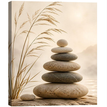 Framed Warm Tone Balancing Rocks Canvas Wall Art, Misty Lakeside Zen Landscape Canvas Prints Pictures, soothing wall