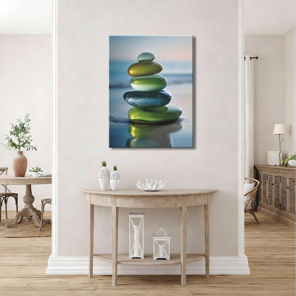 Framed Stacked Glossy Beach Stone Canvas Art, Soft Ocean Background Canvas Prints Pictures, relaxing wall decor