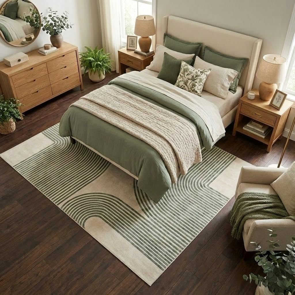 5x7 Area Rug, Green and Beige Modern Geometric Arch Stripe Rug, Machine Washable Non-Slip Low Pile Faux Cashmere