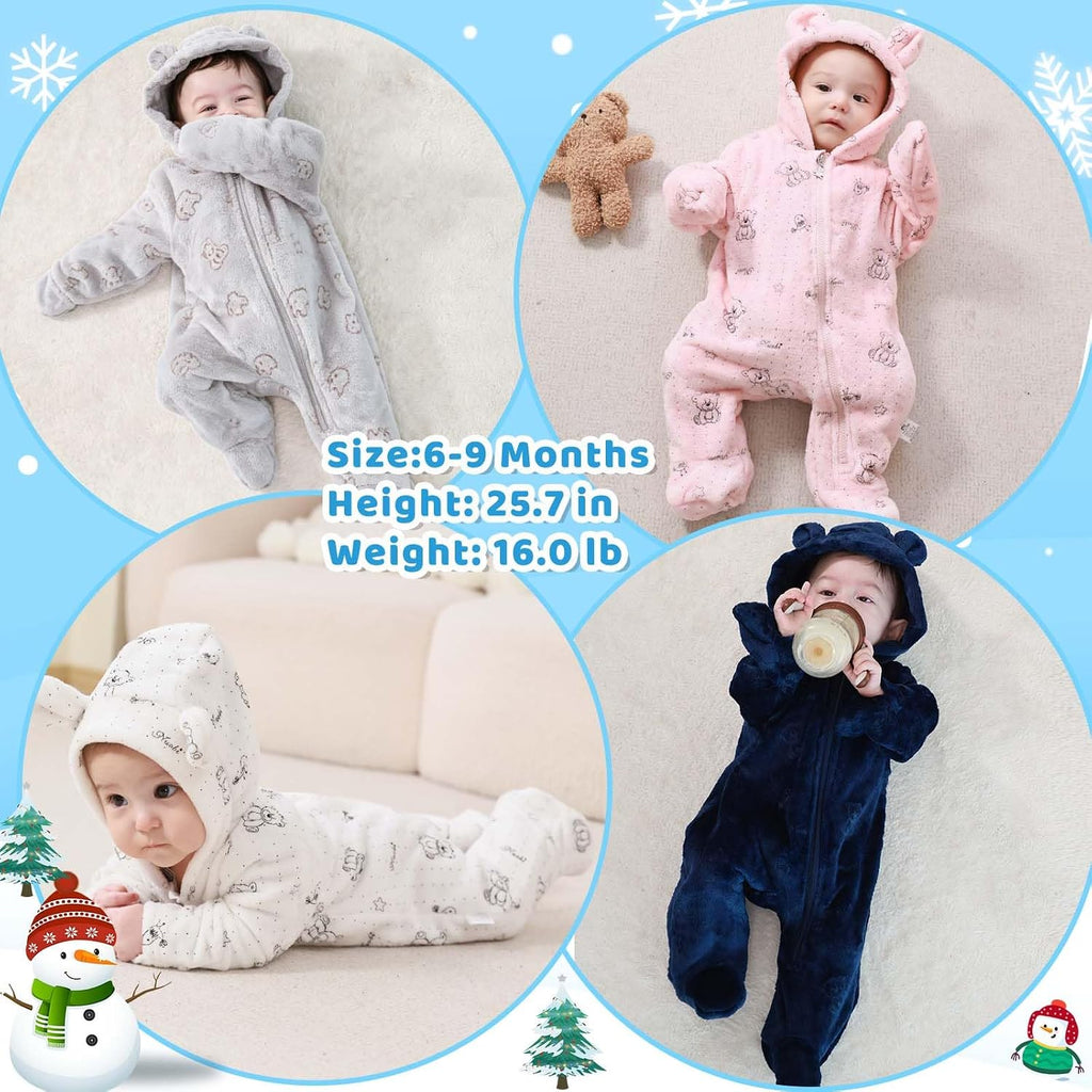 Baby Bear Suit Thin Fleece Footie Romper Snowsuit Hooded Jumpsuit Bodysuit Winter Clothes Boy Girl