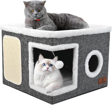 Cat Beds for Indoor Cats, Large Cat Cave Bed with Scratch Pad and Fluffy Ball, Foldable Cat Hideaway, Cat House