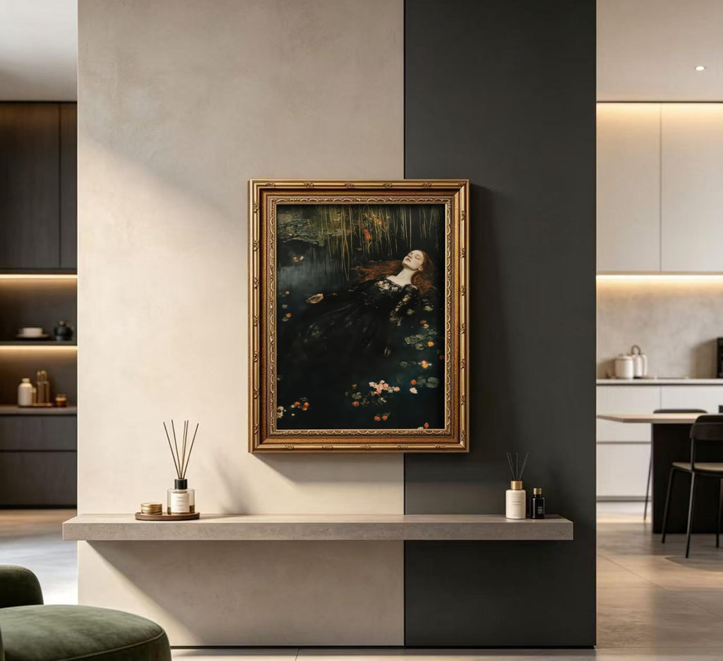 Vintage Gold Framed Ophelia Wall Art, Victorian Gothic Oil Painting Canvas Print, Classic Dark Academia Aesthetic Wall