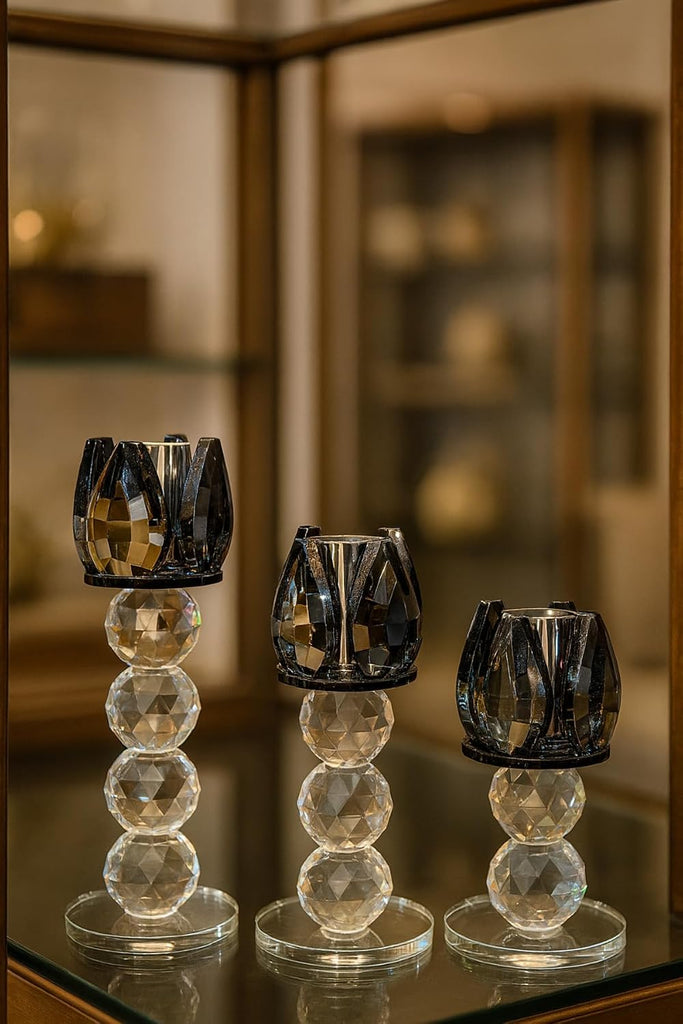 Quality Crystal Candle Holder Set 3 Piece Black Modern Glam for Dining Table, Console, Living Room - 6.3" x 5.5"