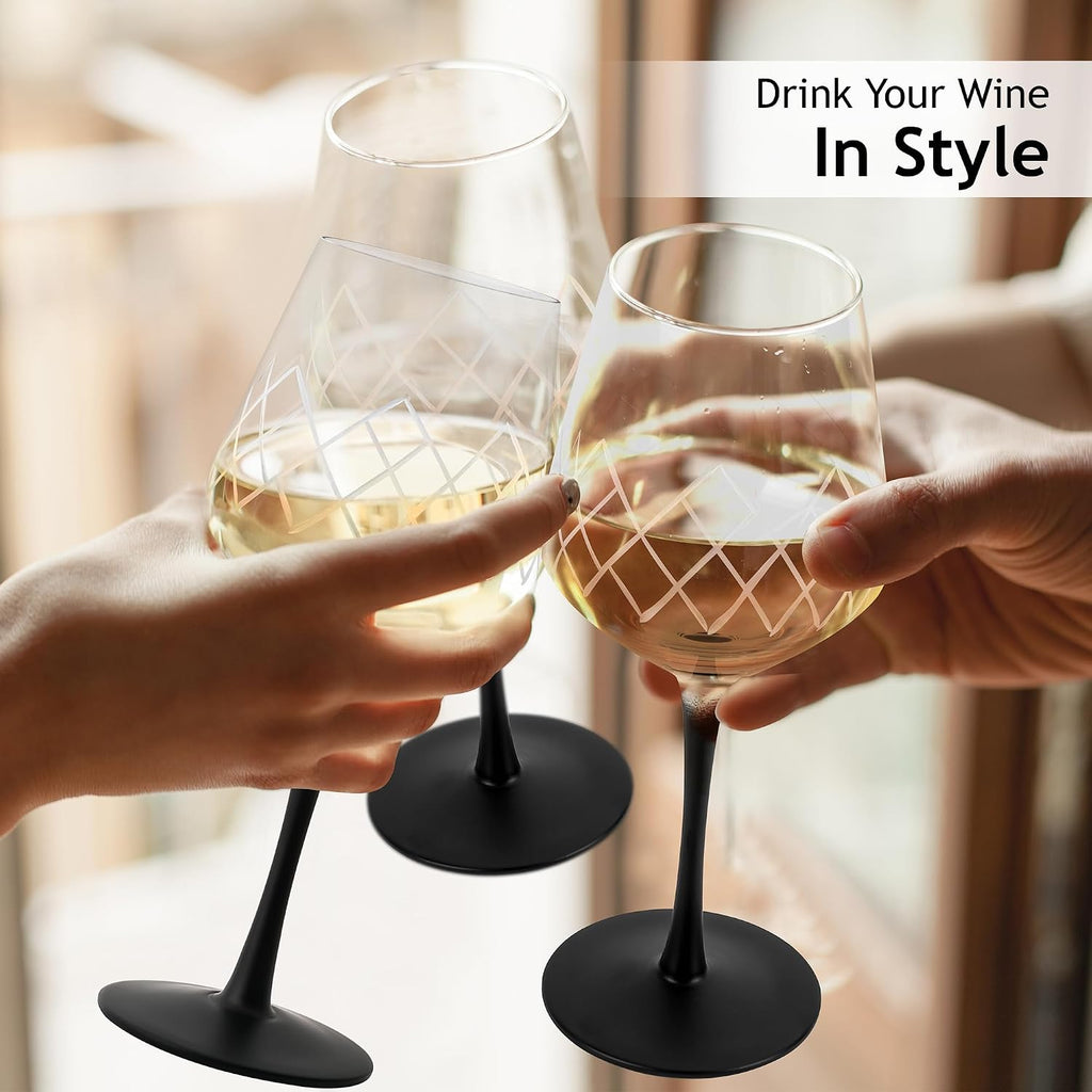 Premium Crystal Wine Glasses, Set of 4 with Black Long Stem, Unique Crystaluna Collection