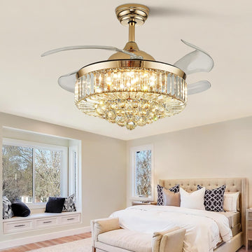 Modern Crystal Ceiling Fans with Lights and Remote Retractable Invisible Blades LED Dimmable Fandelier Gold