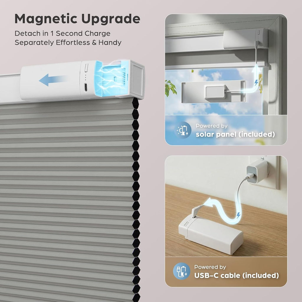 Motorized Cellular Shades with Remote,No Drill Smart Blackout Honeycomb Blinds, Cordless Automatic Electric Window