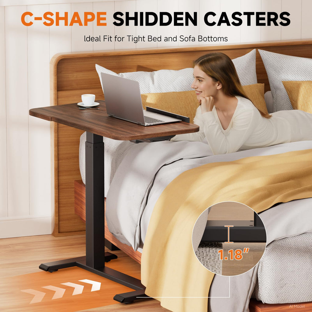 Tiltable Mobile Small Standing Desk, Pneumatic Adjustable Height Overbed Bedside Table with Wheels, Sit Stand
