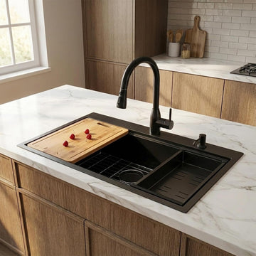 33x22 Drop Sinks Black, Gunmetal Black Stainless Steel Workstation 16Guage Topmount Single Bowl 9 Inch Deep Sink with