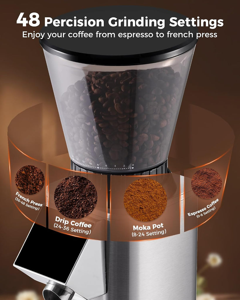 G1 Conical Burr Coffee Grinder with 48 Grind Settings, Silver | Anti-static Burr Espresso Mill, Electronic Timer and