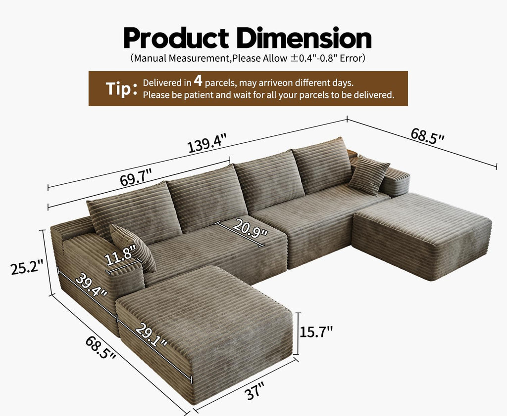 139.4" Modular Sectional Sofa, U-Shaped Minimalist Couches with 2 Ottomans Chaise, Modern Deep Seat Convertible