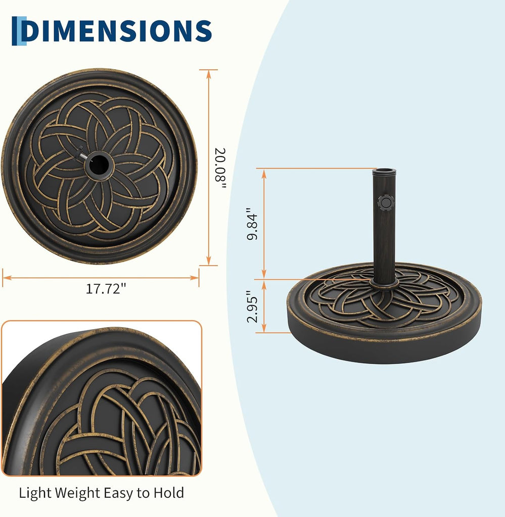 Round Patio Umbrella Base, 20" 26.5LB Heavy Weight Stand Antiqued Umbrella Stand with Adjustable Pole Adapters Fits