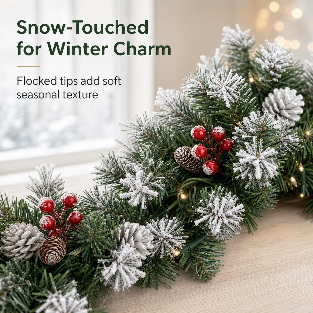 9FT Pre-Lit Artificial Christmas Garland with 50 Lights, Snow Garland Decorated with Pine Cones and Red Berries